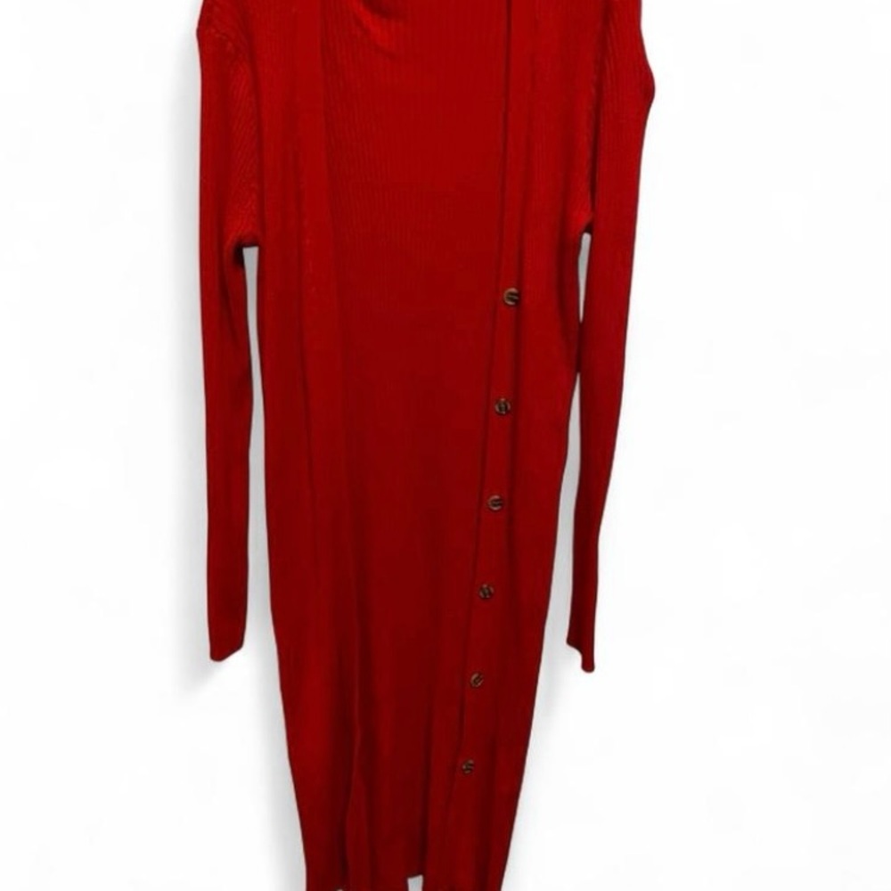 Fashion Nova Red Ribbed Long Sleeve Button-Accent Cardigan